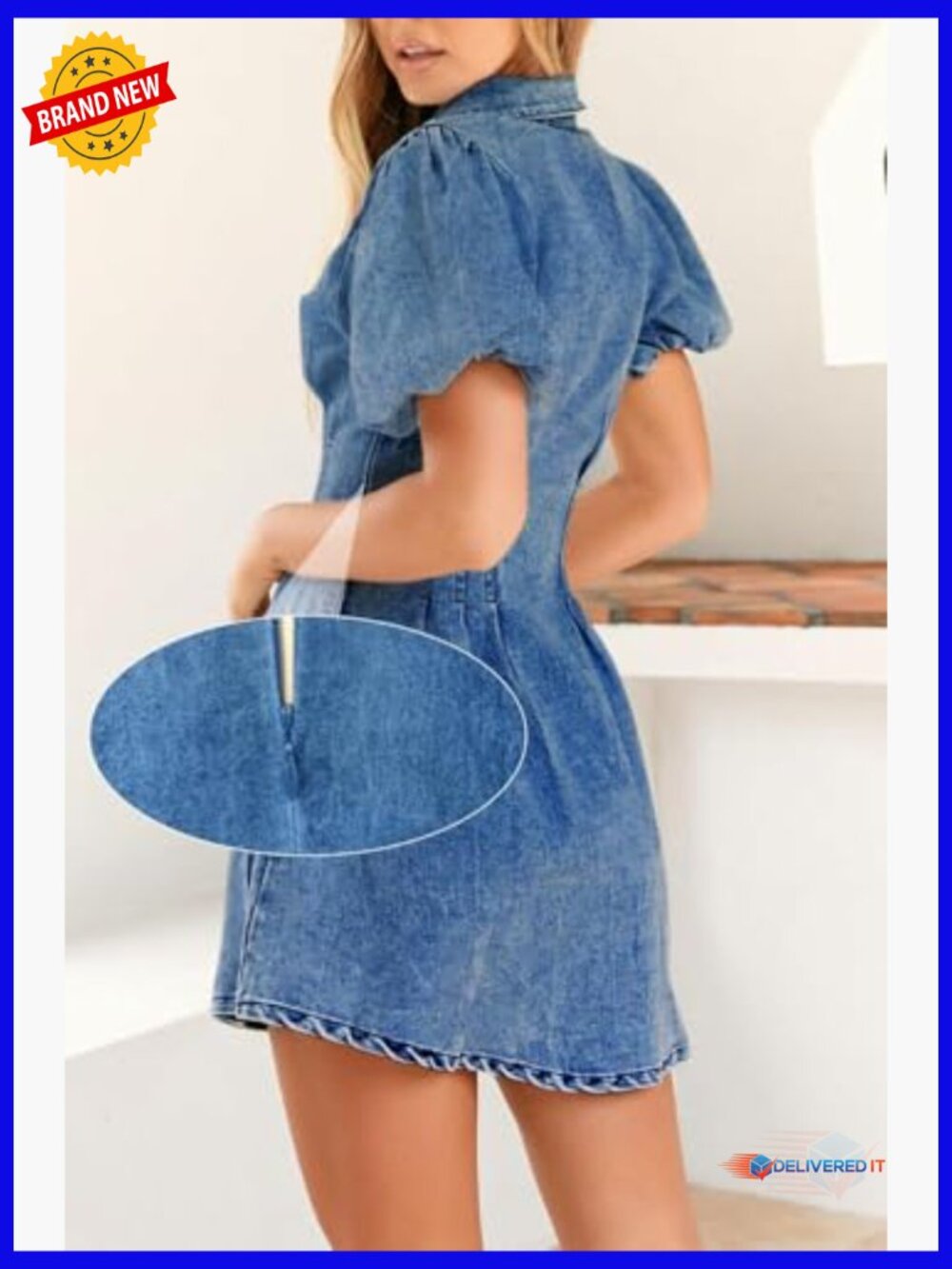 Puff Sleeve Slim Fit Jean Dress for Women Mini Casual Summer - Picture 2 of 7